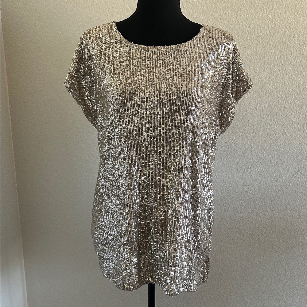 Cable & Gauge Champagne Sequin Short Sleeve Top